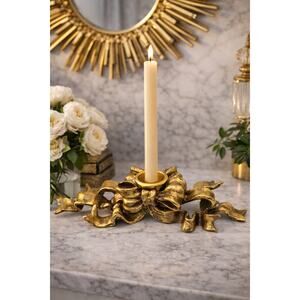 Vintage Gold Bow Candlestick Holder | Hollywood Regency Ribbon Candle Holder
